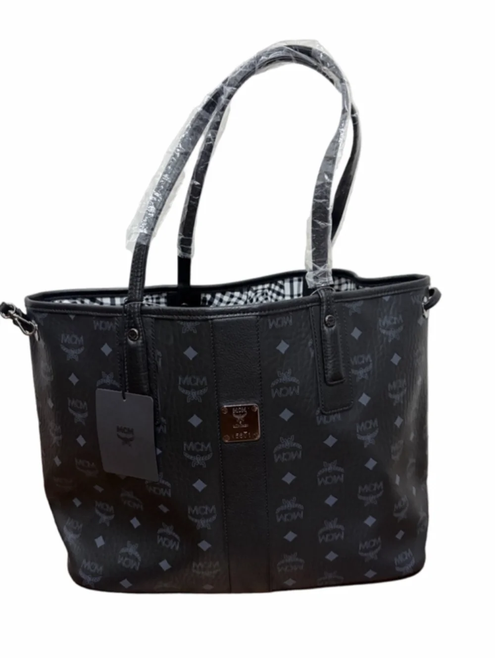 NWT MCM Women's Liz Reversible Shopper Tote in Black & white, Visetos & leather